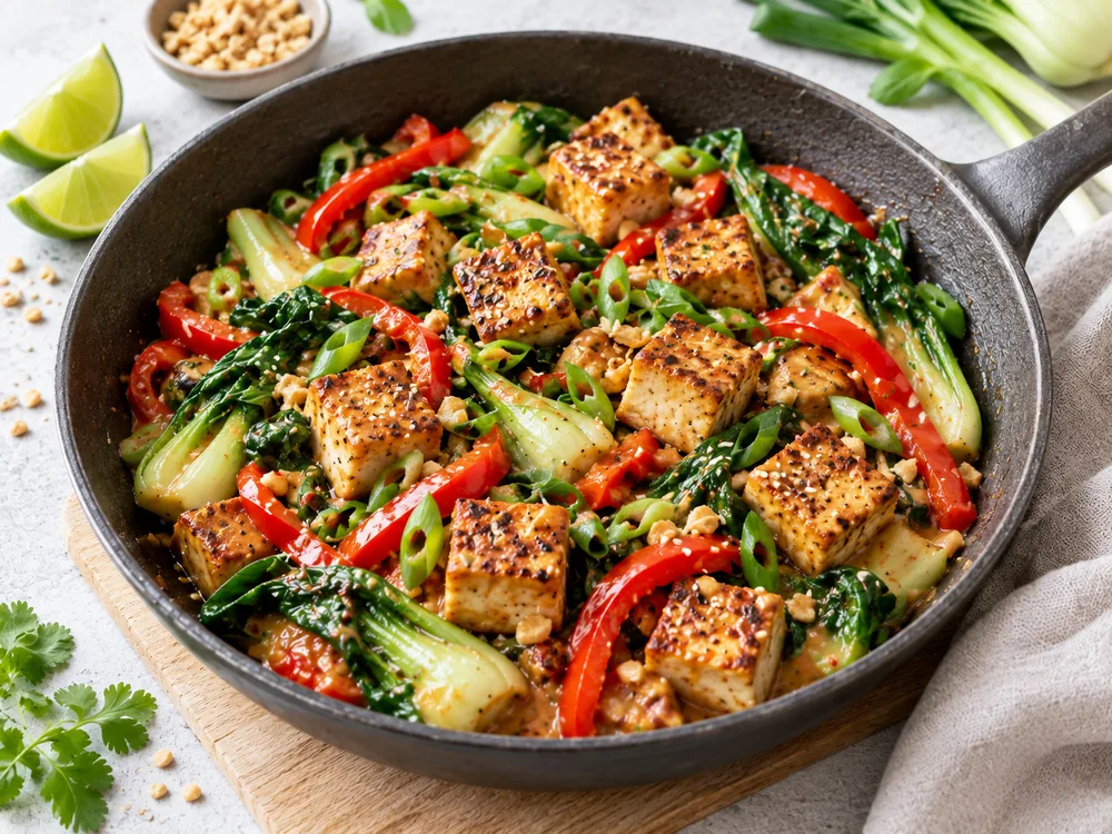Tofu-Erdnuss-Pfanne mit Pak Choi und Paprika – KI-generiertes Anrichtungsbeispiel