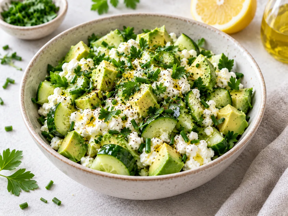 Hüttenkäse-Gurken-Bowl mit Avocado und Kräutern – KI-generiertes Anrichtungsbeispiel