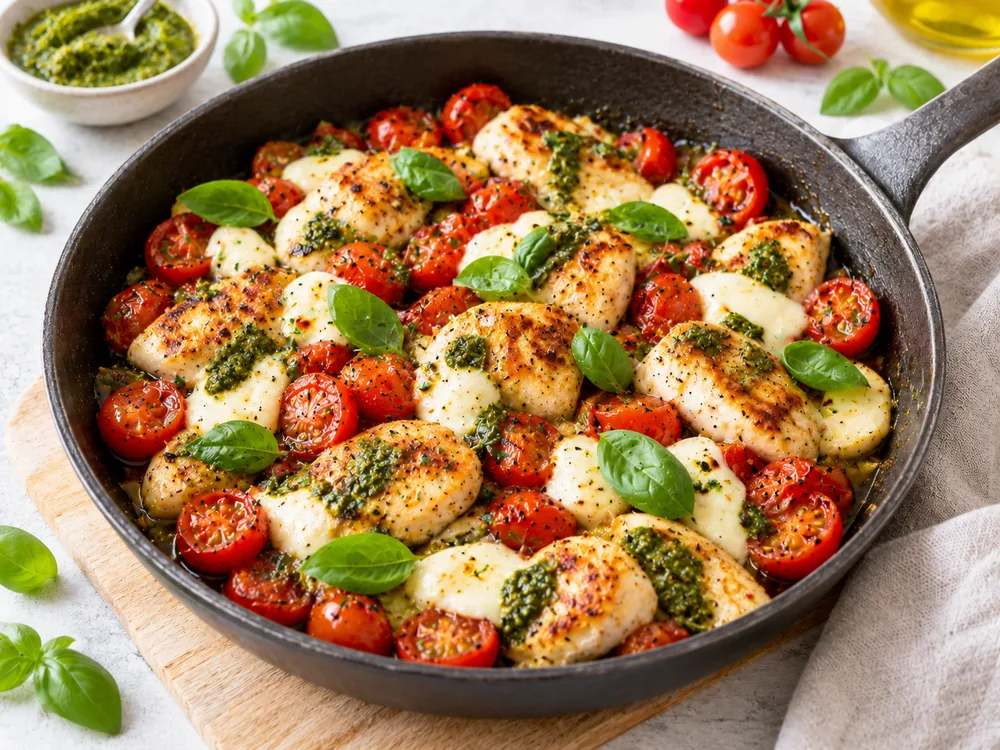 Caprese-Hähnchen-Pfanne mit Mozzarella, Tomaten und Pesto – KI-generiertes Anrichtungsbeispiel