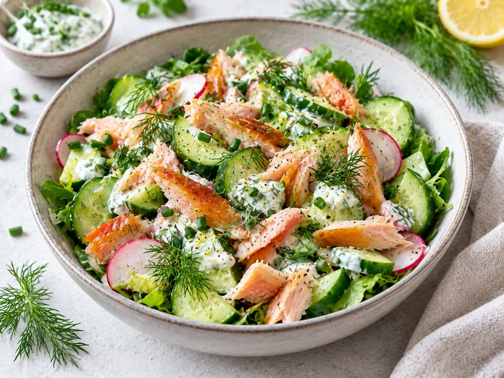 Räucherforellen-Gurken-Bowl mit Dill – KI-generiertes Anrichtungsbeispiel