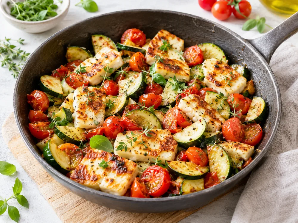 Halloumi-Zucchini-Tomaten-Pfanne – KI-generiertes Anrichtungsbeispiel