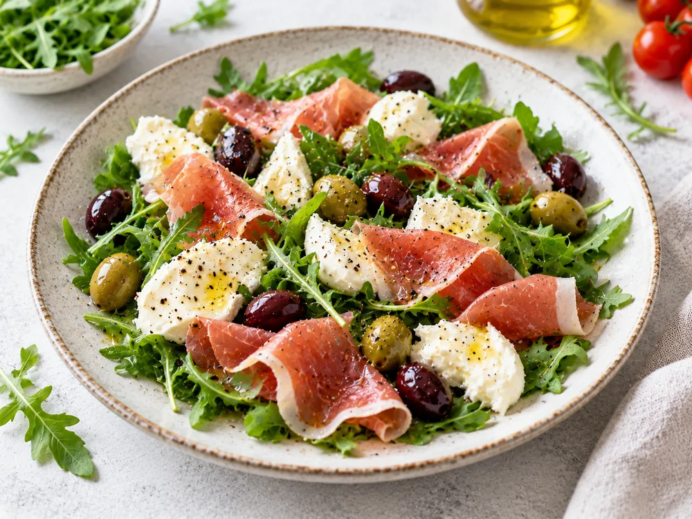 Prosciutto-Mozzarella-Rucola-Teller mit Oliven – KI-generiertes Anrichtungsbeispiel