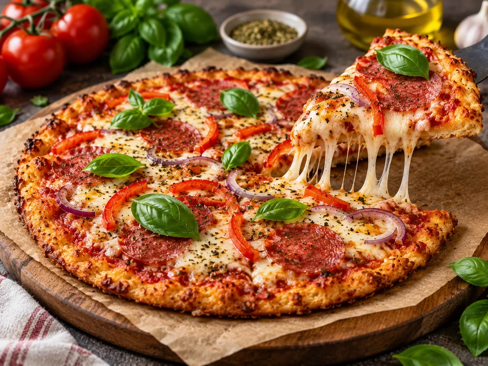 Keto-Pizza mit zähfließendem Käse und Basilikum – KI-generiertes Anrichtungsbeispiel