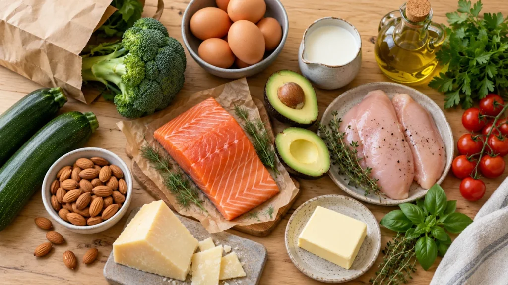 Keto Einkaufsliste mit Eiern, Avocado, Brokkoli, Lachs und Käse - KI-generiertes Symbolbild