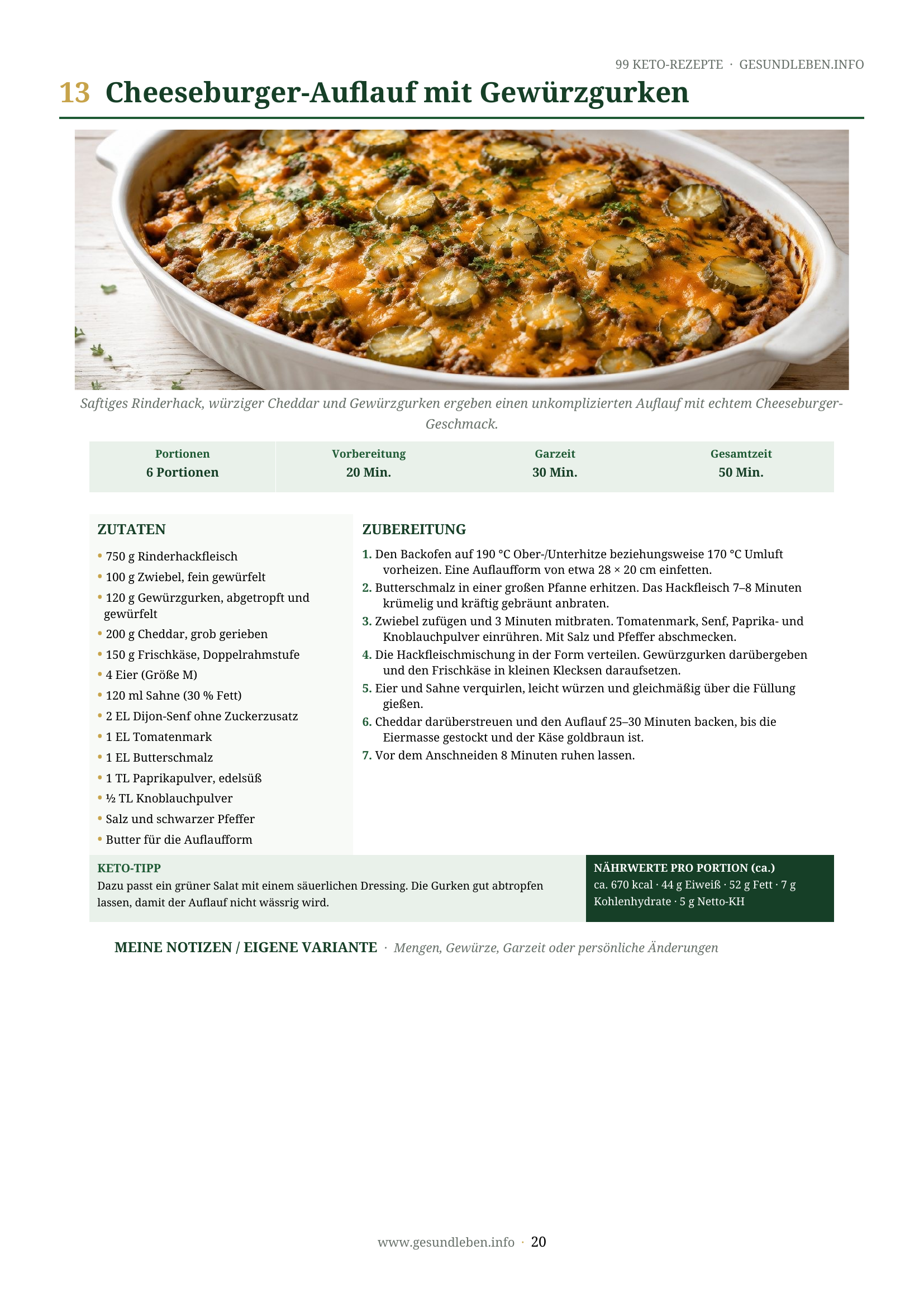 Beispielseite aus 99 Keto-Rezepte: Cheeseburger-Auflauf mit Gewürzgurken