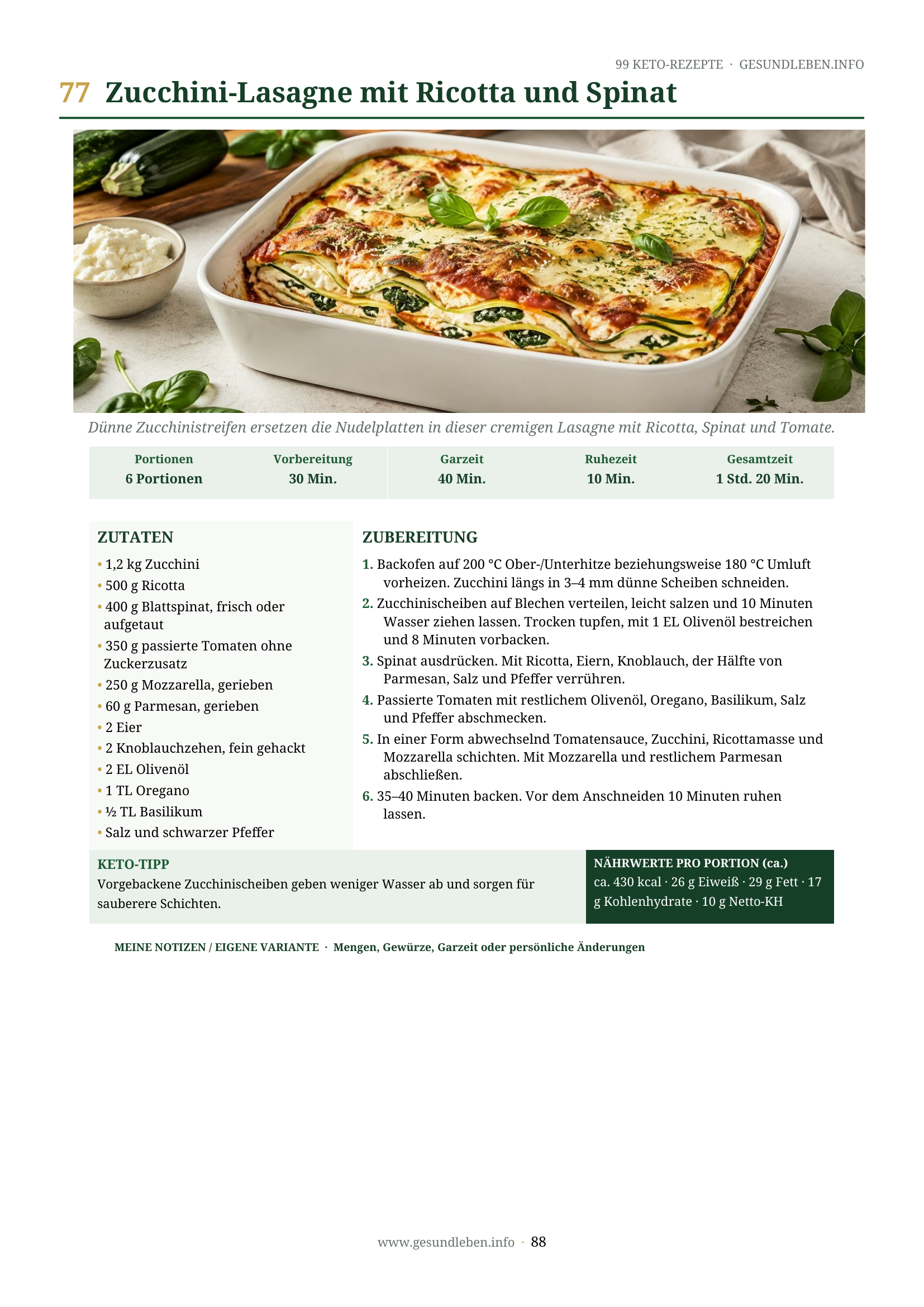 Beispielseite aus 99 Keto-Rezepte: Zucchini-Lasagne mit Ricotta und Spinat